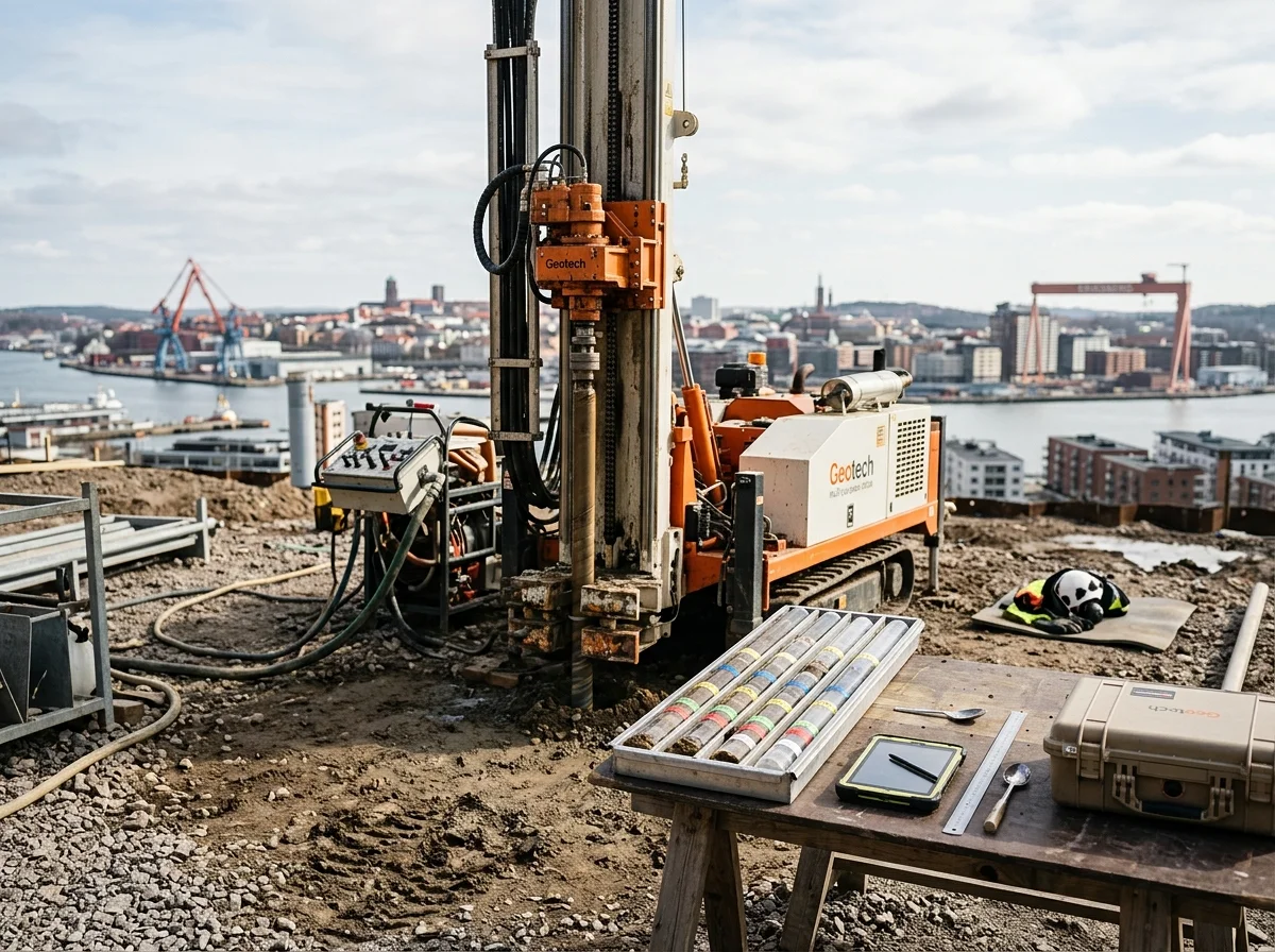 Geoteknisk borrrigg på byggarbetsplats med borrkärnor och stadsvy i bakgrunden.